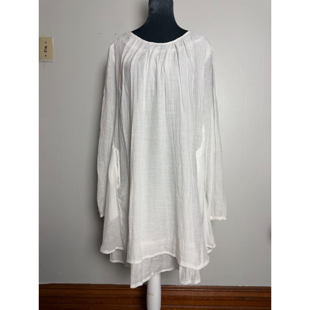 White Gauze Long Sleeve Tunic mini Dress Boho Lagenlook euro summer layered boxy